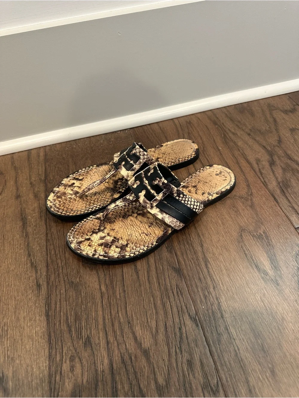 Tory Burch Snake-Print Thong Sandals with Black Accent